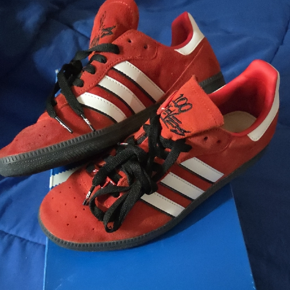 Adidas Scarlet and White Suede Sneakers